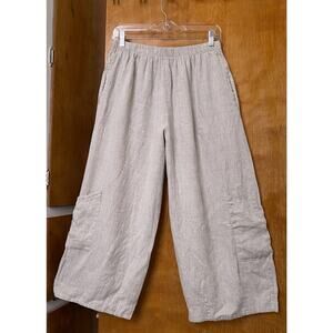 BRYN WALKER Linen CASBAH PANT Wide Leg Crop Pocket Lantern Lagenlook Sz S Beige